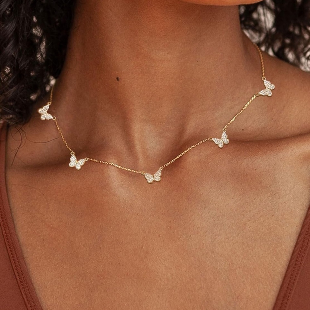 NEW 14K Gold Plated Cubic Zirconia Gold Butterfly Necklace